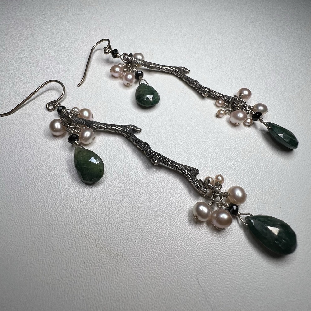 Green & Silver Branch Faux Pearl Jade Teardrop Dangle Earrings